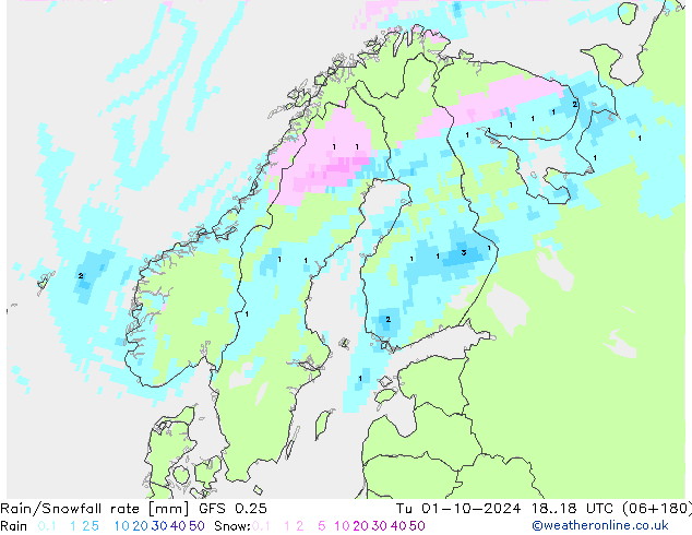 Rain/Snowfall rate GFS 0.25  01.10.2024 18 UTC