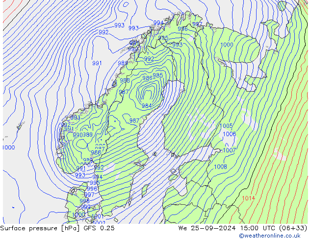 Presión superficial GFS 0.25 mié 25.09.2024 15 UTC