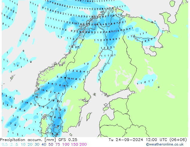 Précipitation accum. GFS 0.25 mar 24.09.2024 12 UTC