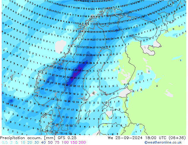 Precipitation accum. GFS 0.25 We 25.09.2024 18 UTC