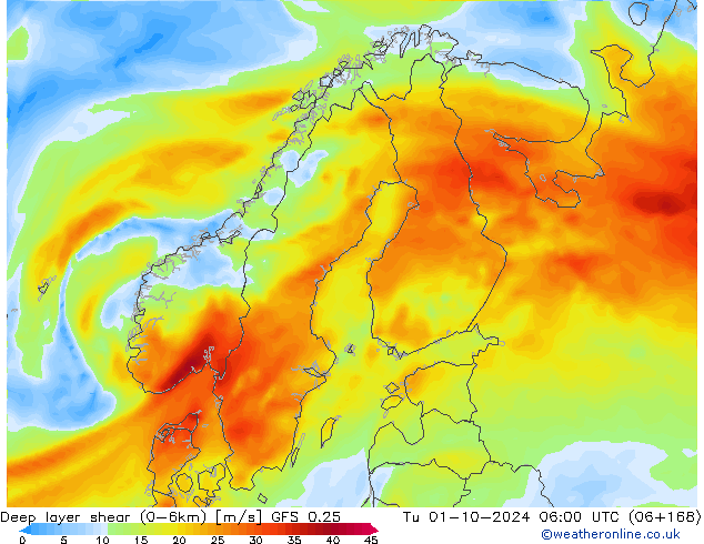 Deep layer shear (0-6km) GFS 0.25 Tu 01.10.2024 06 UTC