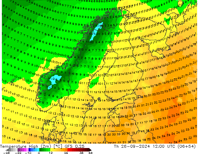 Темпер. макс 2т GFS 0.25 чт 26.09.2024 12 UTC
