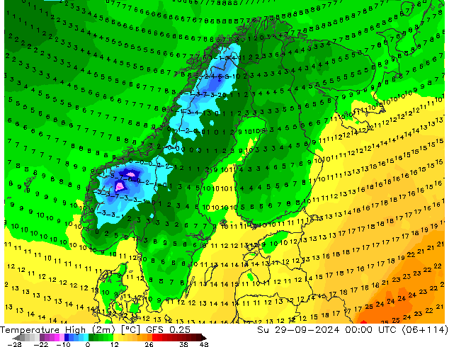 Temp. massima (2m) GFS 0.25 dom 29.09.2024 00 UTC