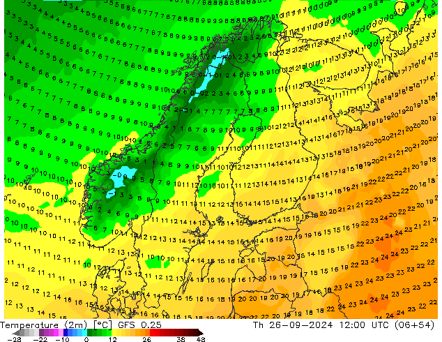 карта температуры GFS 0.25 чт 26.09.2024 12 UTC