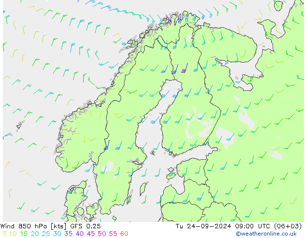 Wind 850 hPa GFS 0.25 Út 24.09.2024 09 UTC