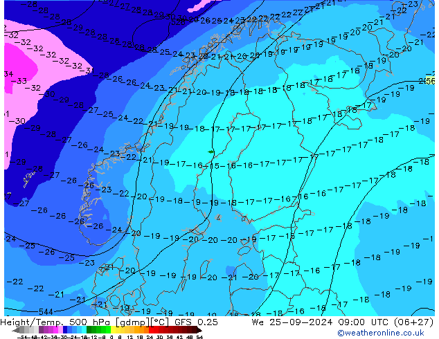 Z500/Rain (+SLP)/Z850 GFS 0.25 ср 25.09.2024 09 UTC