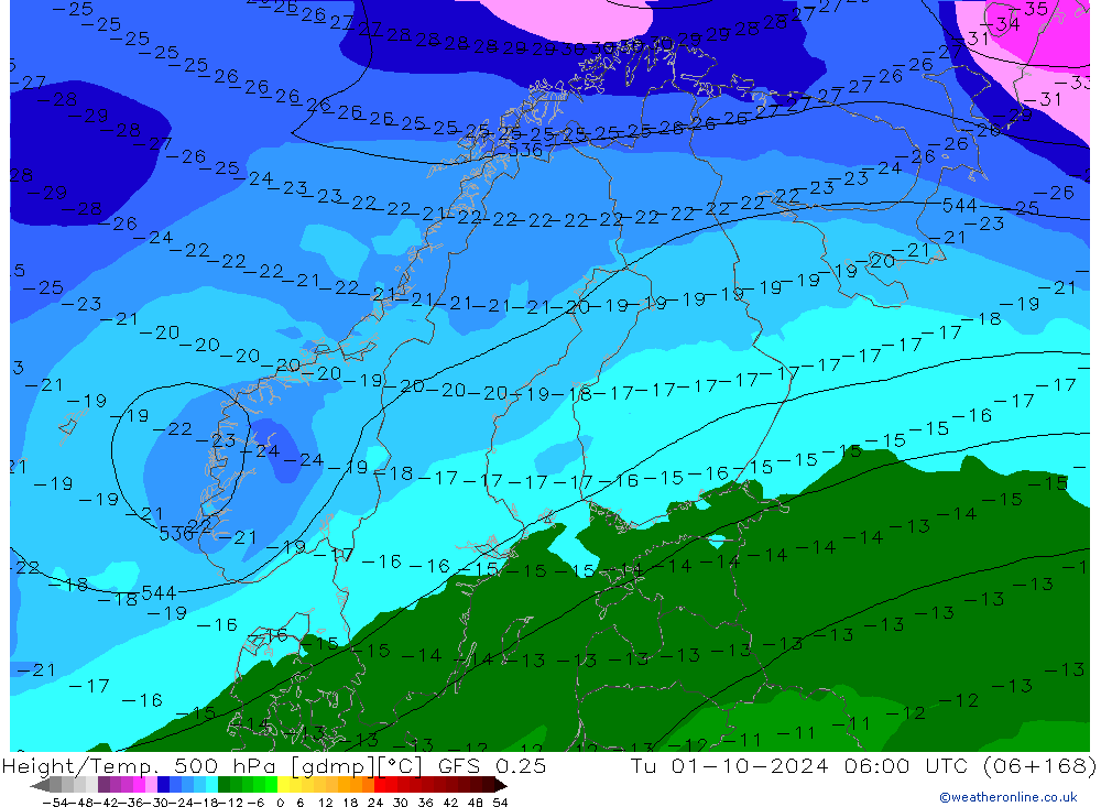 Z500/Rain (+SLP)/Z850 GFS 0.25 Út 01.10.2024 06 UTC