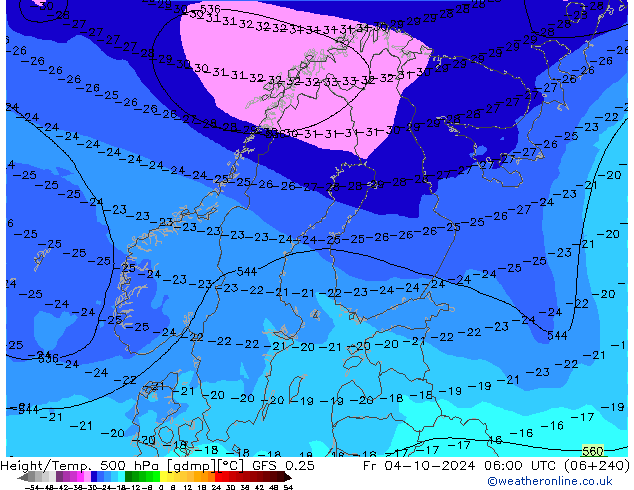 Z500/Rain (+SLP)/Z850 GFS 0.25 Fr 04.10.2024 06 UTC