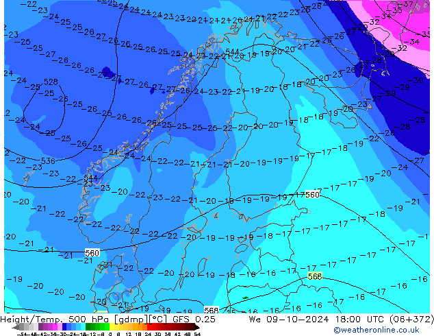 Z500/Rain (+SLP)/Z850 GFS 0.25 ср 09.10.2024 18 UTC