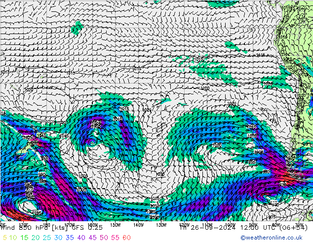 Viento 850 hPa GFS 0.25 jue 26.09.2024 12 UTC