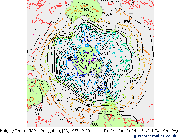 Z500/Rain (+SLP)/Z850 GFS 0.25 Ter 24.09.2024 12 UTC