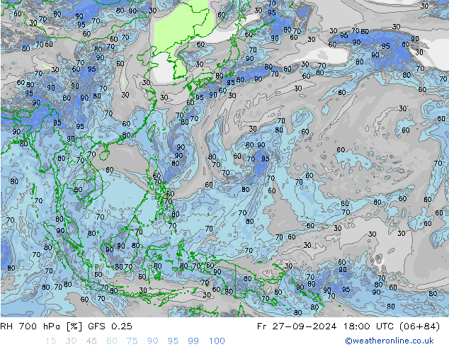 RH 700 hPa GFS 0.25 Sex 27.09.2024 18 UTC