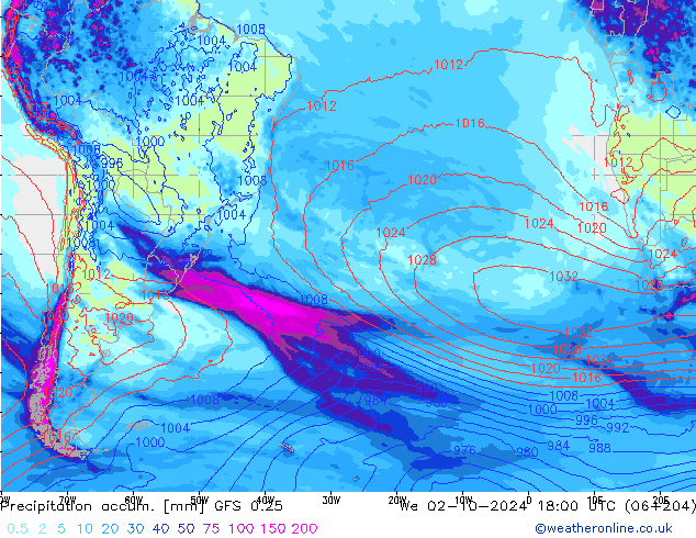 Precipitation accum. GFS 0.25 śro. 02.10.2024 18 UTC