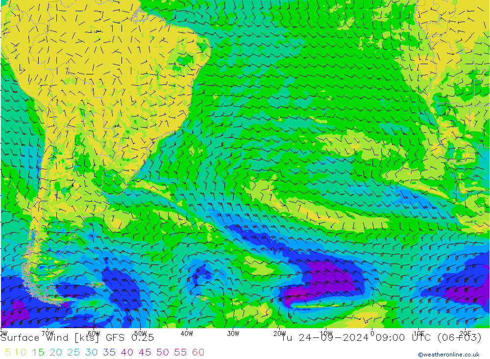 Surface wind GFS 0.25 Út 24.09.2024 09 UTC