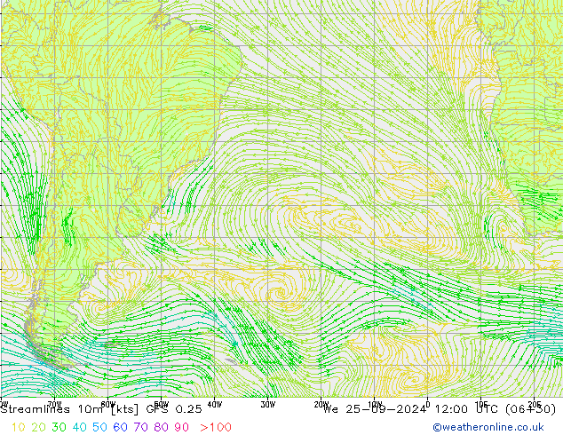 Streamlines 10m GFS 0.25 St 25.09.2024 12 UTC