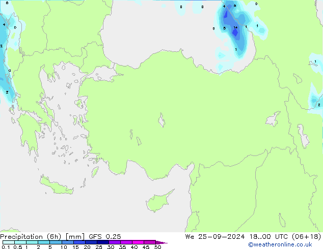 Precipitation (6h) GFS 0.25 We 25.09.2024 00 UTC