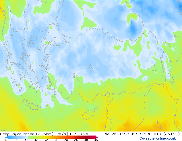 Deep layer shear (0-6km) GFS 0.25 St 25.09.2024 03 UTC