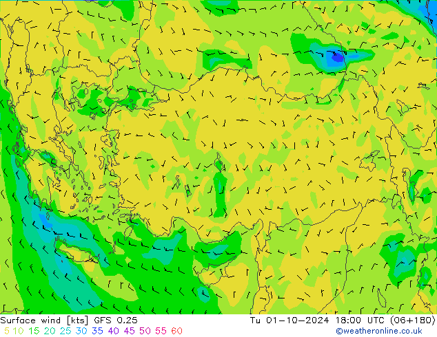 Vent 10 m GFS 0.25 mar 01.10.2024 18 UTC