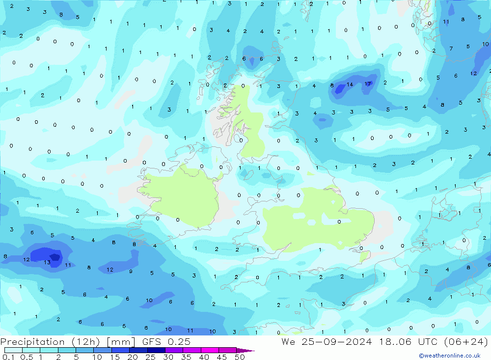 Precipitation (12h) GFS 0.25 St 25.09.2024 06 UTC