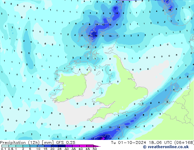 Precipitation (12h) GFS 0.25 Tu 01.10.2024 06 UTC