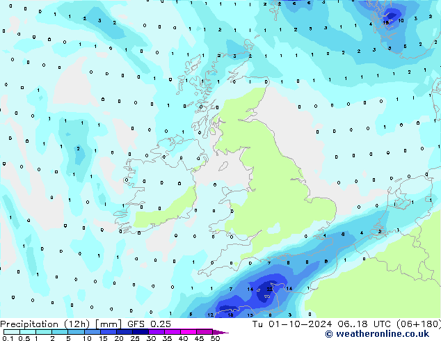 осадки (12h) GFS 0.25 вт 01.10.2024 18 UTC