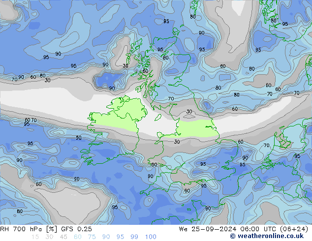 RH 700 hPa GFS 0.25 St 25.09.2024 06 UTC