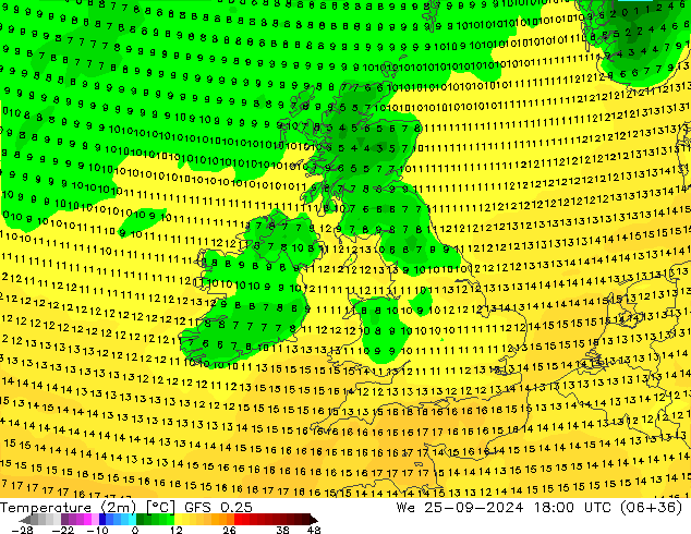 Temperature (2m) GFS 0.25 We 25.09.2024 18 UTC