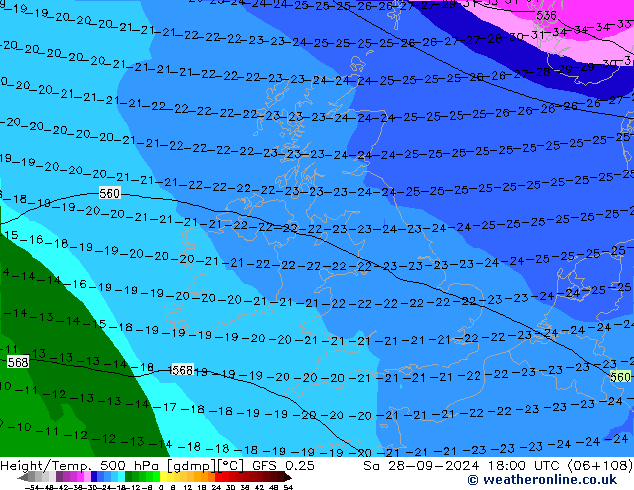 Z500/Rain (+SLP)/Z850 GFS 0.25 sam 28.09.2024 18 UTC