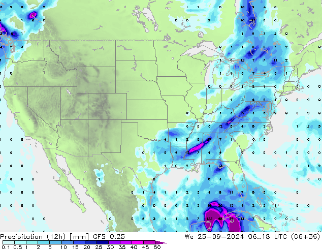 Precipitación (12h) GFS 0.25 mié 25.09.2024 18 UTC