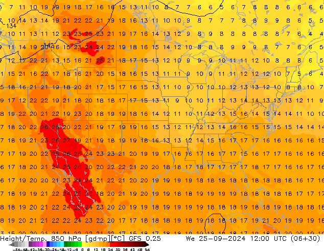 Z500/Rain (+SLP)/Z850 GFS 0.25 Mi 25.09.2024 12 UTC