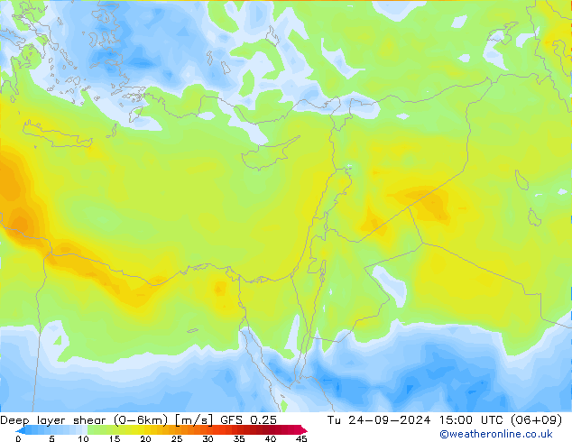 Deep layer shear (0-6km) GFS 0.25 вт 24.09.2024 15 UTC