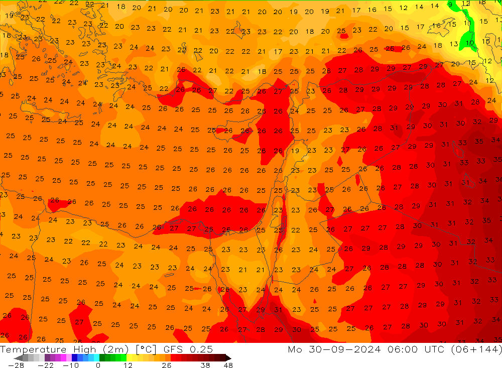 Temperature High (2m) GFS 0.25 Mo 30.09.2024 06 UTC