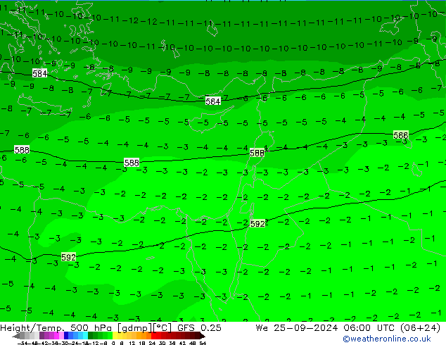 Z500/Rain (+SLP)/Z850 GFS 0.25 We 25.09.2024 06 UTC