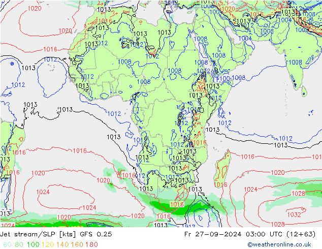 Corrente a getto GFS 0.25 ven 27.09.2024 03 UTC