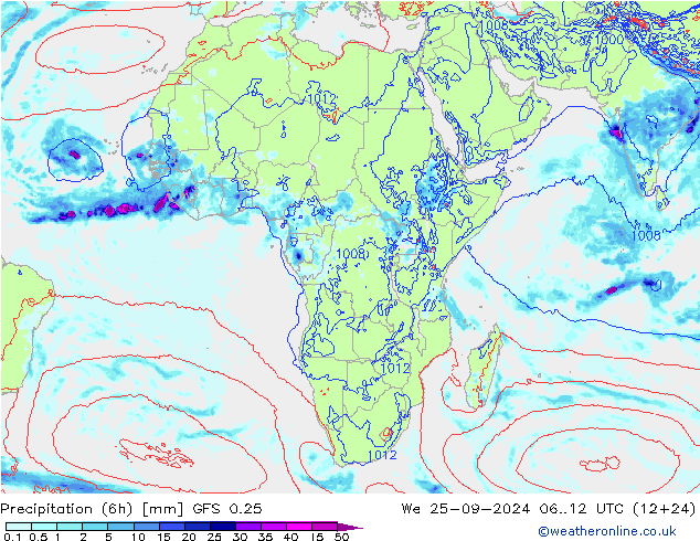 Z500/Rain (+SLP)/Z850 GFS 0.25 St 25.09.2024 12 UTC