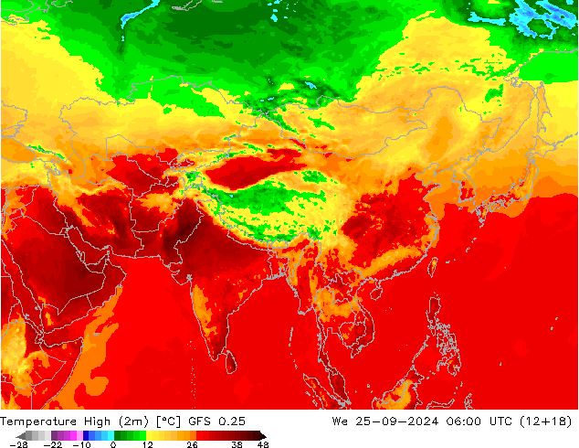 Nejvyšší teplota (2m) GFS 0.25 St 25.09.2024 06 UTC