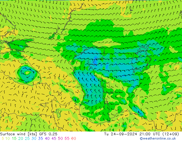 Viento 10 m GFS 0.25 mar 24.09.2024 21 UTC