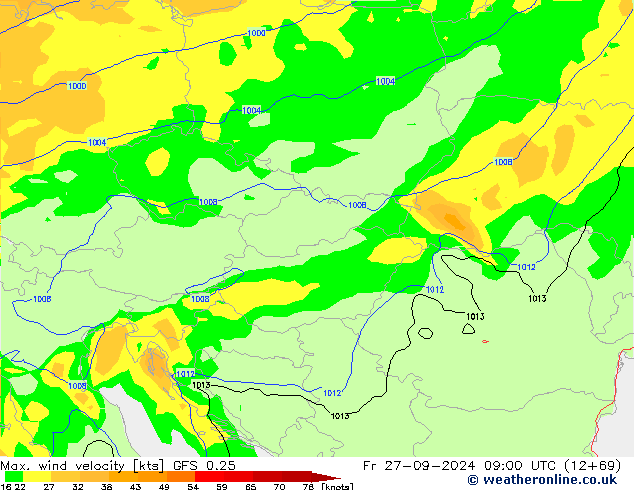 Max. wind velocity GFS 0.25 Sex 27.09.2024 09 UTC