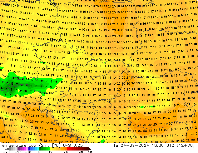 Nejnižší teplota (2m) GFS 0.25 Út 24.09.2024 18 UTC