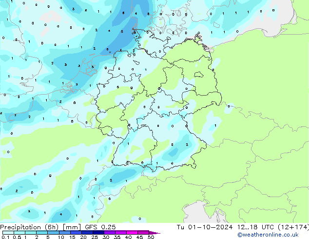 Precipitation (6h) GFS 0.25 Tu 01.10.2024 18 UTC