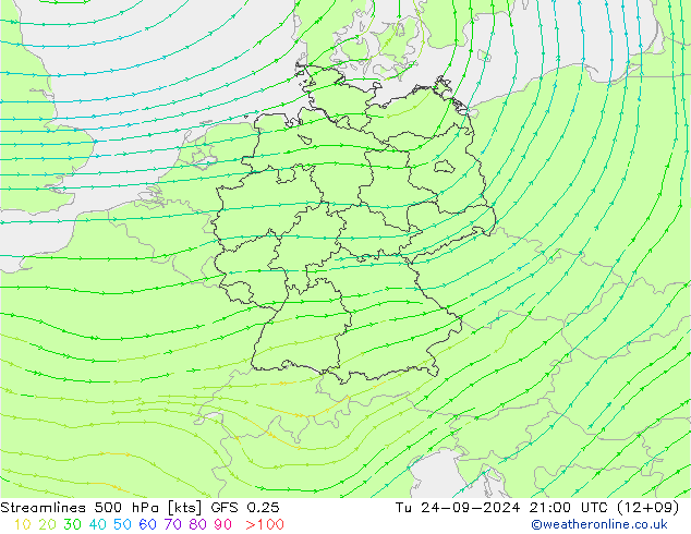 Stroomlijn 500 hPa GFS 0.25 di 24.09.2024 21 UTC