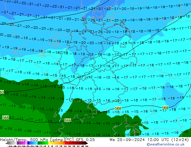 Z500/Rain (+SLP)/Z850 GFS 0.25 Mi 25.09.2024 12 UTC