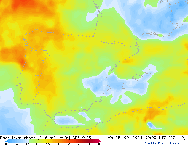 Deep layer shear (0-6km) GFS 0.25 We 25.09.2024 00 UTC