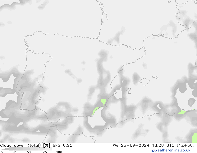 Nubi (totali) GFS 0.25 mer 25.09.2024 18 UTC