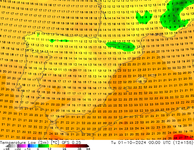 température 2m min GFS 0.25 mar 01.10.2024 00 UTC