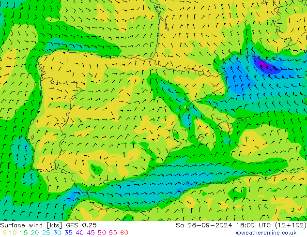 wiatr 10 m GFS 0.25 so. 28.09.2024 18 UTC