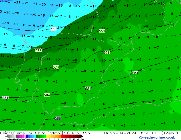 Z500/Rain (+SLP)/Z850 GFS 0.25 czw. 26.09.2024 15 UTC