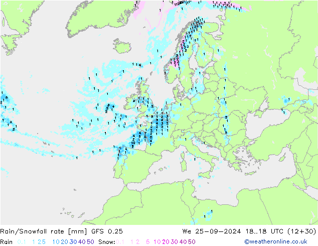 Rain/Snowfall rate GFS 0.25 We 25.09.2024 18 UTC