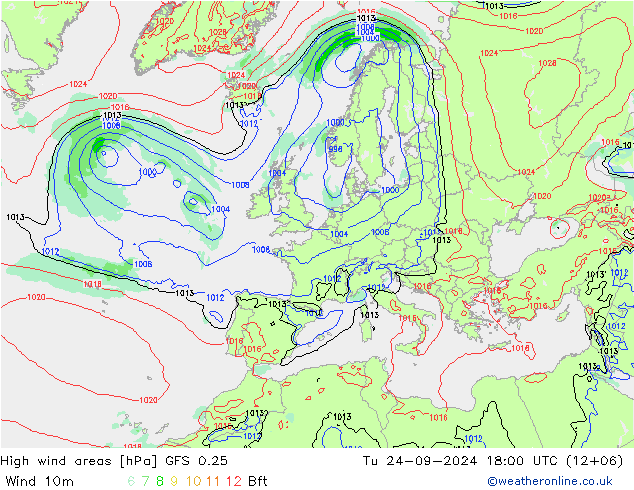 High wind areas GFS 0.25  24.09.2024 18 UTC