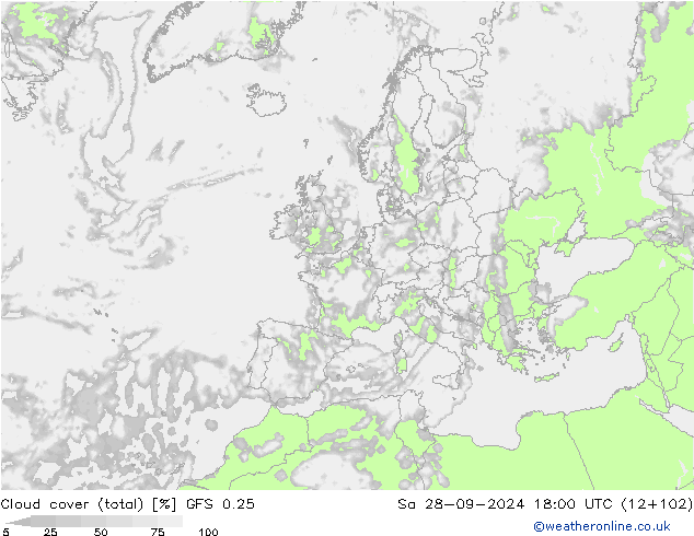 Cloud cover (total) GFS 0.25 So 28.09.2024 18 UTC